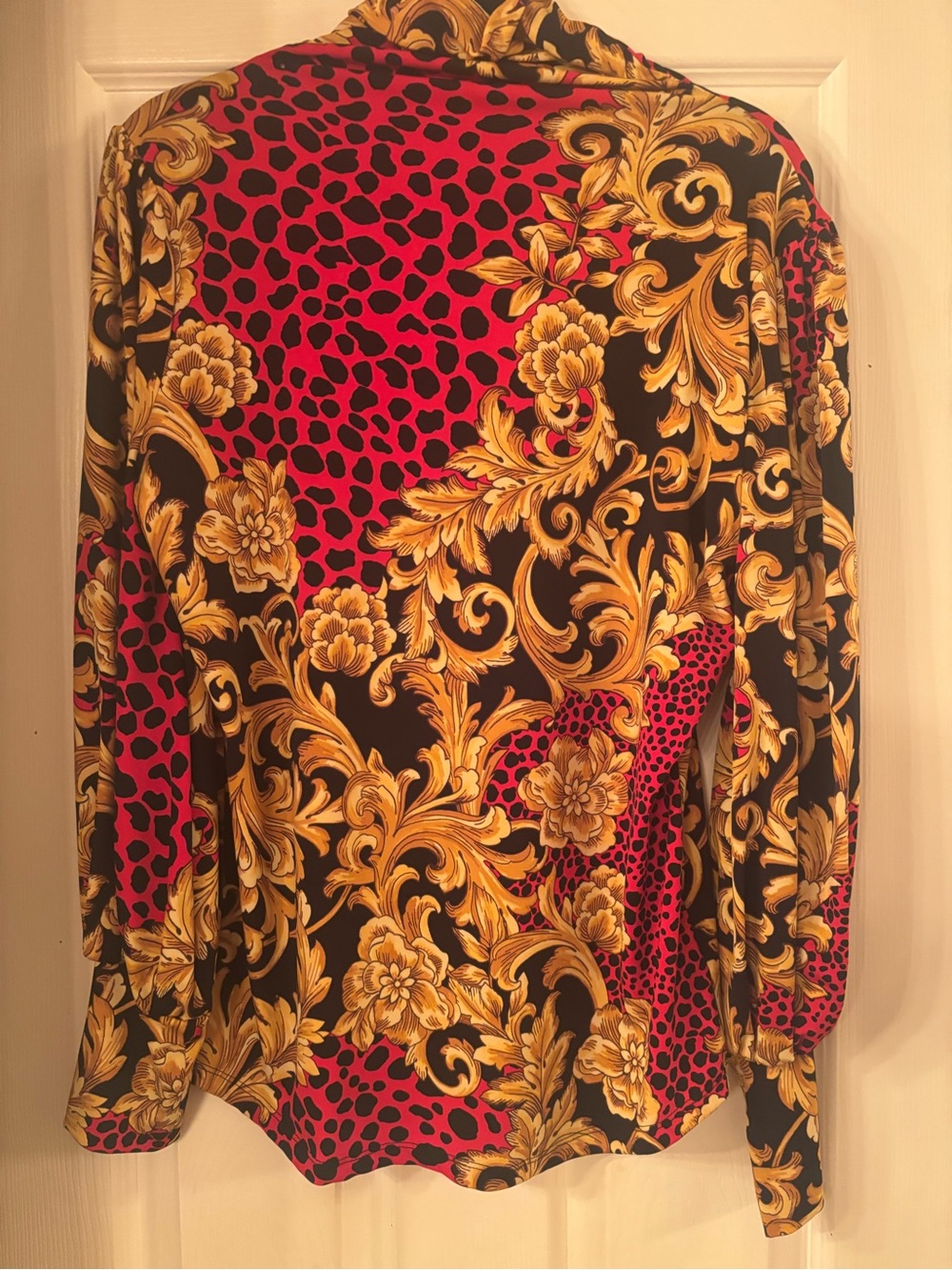 New York & Company Gold Baroque Floral & Red Animal Print Button-Down Top - Picture 4 of 4